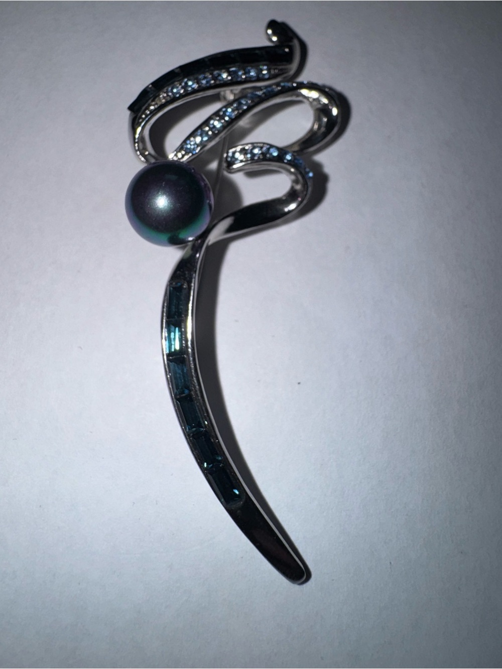 Vintage Silver tone Swirl Brooch Faux Pearl and Blue Accents Lucille de Paris